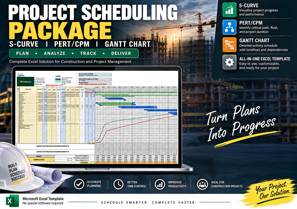 PACKAGE 3 - (SCHEDULING PACKAGE) S-CURVE, PERT/CPM, GANTT CHART