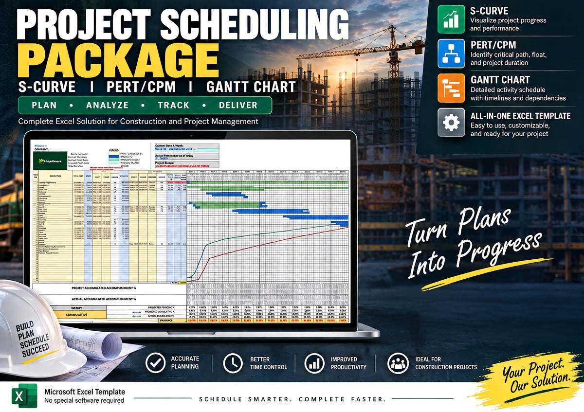 PACKAGE 3 - (SCHEDULING PACKAGE) S-CURVE, PERT/CPM, GANTT CHART